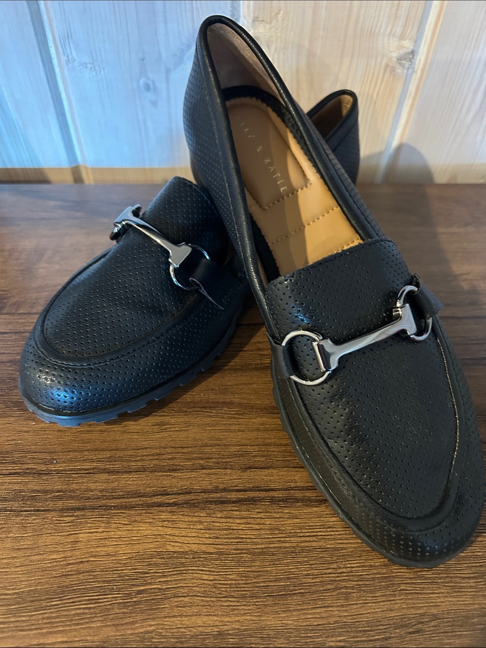 Kelly and Katie Black Women's Perforated Slip-On Loafers with Metal Bit